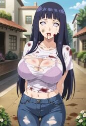 ai_generated arms_behind_back big_breasts black_hair blood blood_in_mouth blood_on_body blood_on_breasts blood_on_face bra civitai damaged_clothes dirt dirty hyuuga_hinata jeans large_breasts long_hair naruto naruto_(series) naruto_shippuden no_pupils ripped_clothing ripped_shirt scratches white_shirt