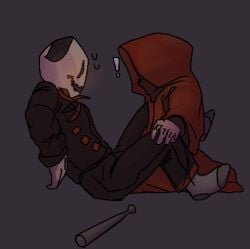 2boys anonymous_artist baseball_bat chibi cloak cute male_only mask masked masks slipknot slipknot_(band) spread_legs spreading_legs surprise surprised unexpected uniform