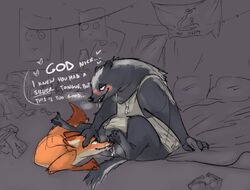 anthro anus bed blush canine claws clothed clothing cunnilingus dialogue digitigrade disney dog_tags drooling duo english_text eyewear fangs female flag flat_chest fox glasses green_eyes half-closed_eyes hand_on_head honey_(zootopia) honey_badger inside lamp larger_female lube male mammal mustelid nick_wilde nobby_(artist) nude on_bed oral partially_clothed pillow pussy pussy_juice saliva sex shirt sitting size_difference smaller_male straight tank_top text treasure_chest vaginal_penetration zootopia