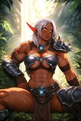 abs ai_generated aralyva armor cleavage elf female female_only legs_apart muscular_female pelvic_curtain revealing_clothes scar scars sitting sweat veins warcraft waterfall white_hair world_of_warcraft yellow_eyes