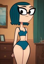 ai_generated ass big_ass big_butt blue_bra blue_g-string glasses grojband high_quality highres looking_at_viewer mina_beff narrow_waist short_hair slutty_outfit small_breasts solo teal_hair trall1979 wide_hips