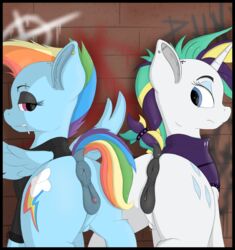 absurd_res anatomically_correct anatomically_correct_pussy anus ass blue_eyes clitoris crotchboobs cutie_mark duo equine female feral friendship_is_magic graffiti hair hi_res horn kundofox looking_at_viewer looking_back mammal my_little_pony pegasus piercing presenting pussy rainbow_dash_(mlp) rarity_(mlp) unicorn wings