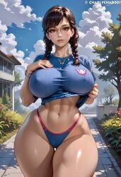 abs ai_generated charlychad007 d.va huge_breasts lifting_shirt low_rise muscular overwatch wide_hips