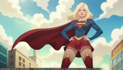 ai_generated blonde_hair blue_eyes blue_sky blush boots breasts building cape closed_mouth clothing cloud cloudy_sky day dc dc_comics female female_only footwear hands_on_hips kara_danvers kara_zor-el legion_of_superheroes legwear long_hair long_sleeves looking_at_viewer medium_breasts outdoors red_cape red_legwear red_lips red_skirt red_thighhighs skirt sky smile solo supergirl supergirl_(series) superheroine superman_(series) thighhighs thighs tomorrowverse wodstudio