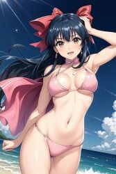 1girls ai_generated arm_up armpits beach big_breasts bikini blue_hair breasts brown_eyes busty cleavage female hair_ribbon hand_on_head hand_on_own_head hi_res large_breasts legs long_hair looking_at_viewer navel ocean pink_bikini ponytail sakura_shinguji sakura_wars sega sensual smile swimsuit thighs voluptuous water