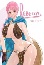 1girls bare_arms bare_legs bare_shoulders bare_thighs big_breasts bikini_armor blush brown_eyes cape clothed clothing color female female_focus female_only hi_res large_breasts light-skinned_female light_skin long_hair looking_at_viewer one_piece pink_hair rebecca_(one_piece) sc_scandium shield shounen_jump solo solo_female sword tagme thick_thighs