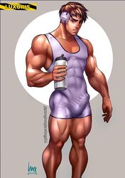 1boy 2013 abs bara bulge clothed clothed_male erection erection_under_clothes human leotard looking_at_viewer luxuris male male_only muscle muscular muscular_male original_character pecs penis singlet solo solo_male standing water_bottle wrestling_singlet