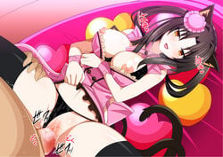 1boy animal_ears black_bra black_hair black_legwear black_panties blush bra breasts cat_ears cat_tail cleavage female hair_ornament hair_rings hairband heart high_school_dxd kuroka_(high_school_dxd) large_breasts lipstick lying makeup multiple_tails navel nipples oerba_yun_fang on_back open_mouth panties penis pillow purple_lipstick pussy sex slit_pupils smile straight sudourenji tail thighhighs underwear yellow_eyes