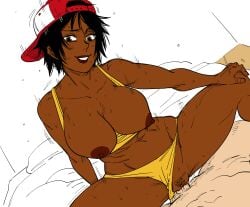 1boy backwards_hat bb_(baalbuddy) bed black_eyes black_hair blush body_hair breasts colored cowgirl_position dark-skinned_female dark_skin female female_pubic_hair ghetto hand_on_knee hat highres hispanic hispanic_female indoors large_breasts large_thighs latina looking_at_viewer male male_pov male_pubic_hair motion_lines nipples non-web_source on_bed panties panties_aside pov pussy sex short_hair smile spread_legs squatting sweat tank_top tomboy vaginal_penetration