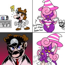 1boy 1dickgirl 1futa anal anal_sex balls big_penis bottomless breasts clothed clothing comic cumming_while_penetrated dickgirl dr._mario dr._mario_(series) english_text erection futanari futanari_penetrated hair_over_eyes hands_on_cheeks handsfree_ejaculation human jk-kino light-skinned_male light_skin male male_on_futa mario mario_(series) meme mostly_nude paper_mario paper_mario:_the_thousand-year_door penis purple_body self_upload sex standing text thick_thighs trans_flag transgender_pride_colors vivian_(paper_mario) wide_hips yellow_glans yellow_nipples