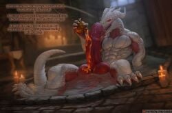 anthro baldur's_gate baldur's_gate_3 balls bath big_balls big_penis bodily_fluids danza dialogue dragon english_text erection genital_fluids genitals glans huge_balls huge_cock humanoid_genitalia humanoid_penis male male_only muscular muscular_male mythological_creature mythological_scalie mythology patreon pecs penis precum scalie solo text the_dark_urge_(baldur's_gate)