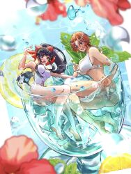 2024 2girls artist_name ass barefoot big_breasts bikini blush bow breast_grab breasts brown_eyes busty cleavage drink feet female female_only groping hair_ribbon highres kirishima_kanna large_breasts legs long_hair looking_down multiple_girls one-piece_swimsuit orange_hair ponytail purple_eyes red_bow ribbon sakura_shinguji sakura_taisen sakura_wars sega surprised swimsuit thighs tongue water wet white_bikini