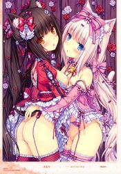 2girls :o absurdres animal_ears ass bare_shoulders blue_eyes blush bow breasts breasts_out brown_eyes brown_hair cat_ears cat_tail chocola_(sayori) detached_sleeves flower garter_belt garter_straps groin hair_ornament hair_ribbon hairbow highres huge_filesize long_hair looking_at_viewer medium_breasts multiple_girls nekopara nipples no_panties original page_11 ponytail red_eyes ribbon sayori scan silver_hair small_breasts tail thighhighs vanilla_(sayori) very_long_hair