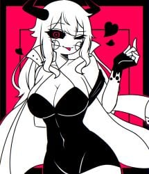 big_breasts cleavage demon_girl dress fingerless_gloves friday_night_funkin long_hair monochrome red_background sarvente_(dokki.doodlez) succubus tagme thick_thighs yume0534