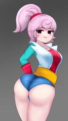 1girls ass_focus big_ass big_thighs blue_panties brawl_stars breasts imminent_fart janet_(brawl_stars) looking_back pink_hair ponytail presenting_hindquarters purple_eyes white_skin xbrawlx