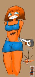 big_breasts blue_clothing female female_only girl green_eyes gun hands_behind_back nerf nerf_gun nerf_now orange_body orange_hair solo solo_female stratohawk toy_gun