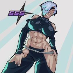 abs background_text big_breasts black_clothes black_clothing breasts buff buff_female clothed clothed_female clothed_variant equinox006 exposed_shoulders exposed_stomach exposed_thighs eyelashes eyepatch female female_focus female_only fit fit_female ghost_(sexy_shuriken_struggle) grey_clothes grey_clothing hand_on_hip lipstick long_sleeves looking_at_viewer muscles muscular muscular_chest muscular_female muscular_thighs ninja ninja_girl nipples_visible_through_clothing red_eyes sexy_shuriken_struggle_(game) shuriken smug text white_hair white_lipstick