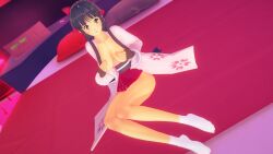 1girls 3d bed big_breasts blue_hair brown_eyes busty covering_breasts feet female fingerless_gloves hair_ribbon japanese_clothes large_breasts legs long_hair looking_at_viewer ponytail sakura_shinguji sakura_wars sega skirt socks teasing thighs voluptuous