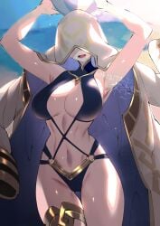 1girls alternate_costume beach_ball bikini blue_bikini blue_swimsuit fire_emblem fire_emblem_heroes hidden_face hoodie kiran_(fire_emblem) kiran_(fire_emblem)_(female) large_breasts negiwo nintendo one-piece_swimsuit swimsuit