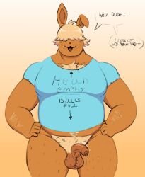 anthro balls bodily_fluids bottomless chest_tuft clothed clothing dripping eevee generation_1_pokemon genital_fluids genitals hair hair_over_eyes hands_on_hips humanoid_genitalia humanoid_penis male musclegut muscular newmoonnsfw nintendo overweight penis pokemon pokemon_(species) precum precum_drip pubes shirt shirt_only solo topwear topwear_only tuft