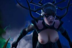 ai_generated big_breasts breasts breasts_out clothed clothed_female clothing edit edited female female_only fortnite fortnite:_battle_royale hela helmet looking_down marvel marvel_comics mostly_clothed mostly_clothed_female nude_edit nude_filter shiny shiny_skin solo solo_female