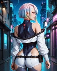ai ai_generated bare_shoulders belt createdwithai cropped_jacket cyberpunk_edgerunners cyberskin digital_2d fan_art female girl high_heel high_heel_boots highleg_leotard hip_vent knee_boots long_sleeves lucy_(cyberpunk) lucyna_kushinada makeup multicolored_eyes multicolored_hair nostra666 off-shoulder_jacket open_jacket parted_bangs patreon red_eyeliner see-through_pantyhose short_hair stable_diffusion turtleneck_leotard white_eyebrows white_hair white_shorts