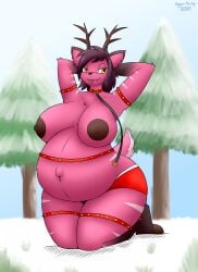 1girl cervine christmas dark_nipples furry furry_only gyro-furry huge_breasts layla_thompson nipples pink_fur pregnant ready_to_pop reindeer