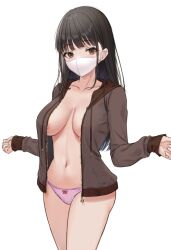 1girls areolae bare_belly bare_breasts bare_chest bare_hands bare_legs bare_midriff bare_navel bare_skin bare_thighs bare_torso belly belly_button black_hair black_hair_female breasts brown_coat brown_eyes brown_eyes_female brown_jacket brown_topwear cleavage coat collarbone dot_nose exposed exposed_belly exposed_breasts exposed_legs exposed_midriff exposed_thighs female female_focus female_only fingers gohei_(aoi_yuugure) groin head_tilt hourglass_figure jacket large_breasts legs legs_together light-skinned_female light_skin long_hair looking_at_viewer mask mole mole_on_neck mole_under_eye navel original original_art original_artwork original_character panties pink_panties pink_underwear ribbon_panties shoulders simple_background slender_body slender_waist slim_girl slim_waist solo standing thick_thighs thighs thin_waist tilted_head topwear underwear upper_body v-line white_background white_mask wide_hips