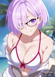 artist_request beach big_breasts bikini bikini_top breasts cleavage collarbone fate/grand_order fate_(series) female large_breasts mash_kyrielight mashu shielder_(fate) shielder_(fate/grand_order) solo swimsuit swimwear type-moon white_swimsuit white_swimwear