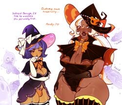 blackberry_cookie brown_skin bulge clothing cookie_run cum cum_drip english_text enormous_ass enormous_breasts erect_penis futanari ghost halloween halloween_costume heart-shaped_pupils latte_cookie_(cookie_run) lattel0ver_(artist) multiple_penises purple_eyes purple_hair stockings white_background white_hair white_skin