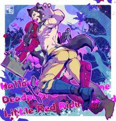 2boys abs alternate_costume animal_ears arm_hair ass basket bat_(animal) beard big_bad_wolf_(cosplay) black_gloves blood bodysuit bottle bow brown_hair chain_leash chains chest_hair collar cosplay couple deadpool deadpool_&_wolverine_(2024) dress dual_wielding english_text facial_hair fangs flower forest full_body gay gloves green_eyes gun hairy halloween halloween_costume holding holding_gun holding_weapon hood hood_up large_pectorals leash little_red_riding_hood_(cosplay) looking_at_viewer looking_back male_focus marvel marvel_cinematic_universe mask mature_male moon multiple_boys muscular muscular_male nature night nipples open_mouth pectoral_press pectorals red_bodysuit red_hood red_mask short_hair tail topless_male torn_bodysuit torn_clothes tree veins veiny_arms wakatobi_chakku weapon wolf_boy wolf_ears wolf_tail wolverine_(x-men) x-men yaoi yellow_bodysuit