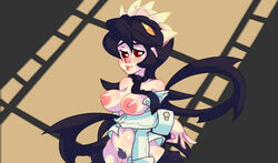 abstract_background areola barely_visible_genitalia blush breast_rest breasts clothing dress_shirt exposed_breasts female filia_(skullgirls) half-length_portrait humanoid humanoid_hands monster monster_girl_(genre) necktie nipples off_shoulder parasite pink_nipples portrait pubes pussy red_eyes samson_(skullgirls) sharp_teeth shirt skirt skullgirls starwolfx subtle_pussy teeth yellow_eyes