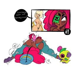 (brawl background blush brawl_stars breasts charlie_(brawl_stars) copyrightbrawl dark dark-skinned eyes female fondling girl gloves grabbing hair juju juju_(brawl_stars) lines masturbation motion nipples obstructed on one pink stars) stars)artistjaylingeneral2girls starscharactercharlie sweat text top tribadism vaginal_penetration