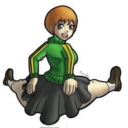 1girls ass ass_grab atlus big_ass brown_eyes brown_hair grabbing_own_ass jacket kairasin looking_back persona persona_4 satonaka_chie schoolgirl short_hair sitting skirt thick thick_ass thick_thighs tomboy