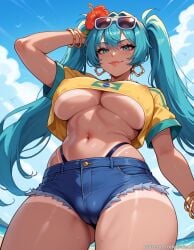 ai_generated aqua_hair ass_visible_through_thighs balecxi beach bracelet brazilian_miku cameltoe covered_nipples denim denim_shorts earrings eyewear_on_head female hair_flower hair_ornament hatsune_miku jean_shorts jewelry large_breasts long_hair looking_at_viewer navel necklace nipple_bulge nipples_visible_through_clothing outdoors shirt short_shorts shorts sky smile solo sunglasses tan tanlines thighs thong_straps twintails underboob vocaloid