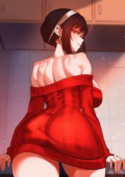 back_view black_hair dress_slip exposed_back female large_breasts large_butt looking_at_viewer red_dress spy_x_family yor_briar yor_forger