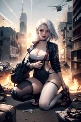 ai_assisted ai_generated apocalyptic ashe_(overwatch) choker city destruction fire lingerie medium_breasts overwatch rousherte sports_bra sportswear sunset tagme techwear white_hair