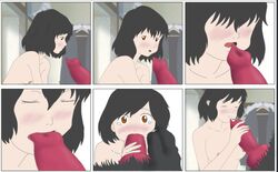 black_hair breasts canine cum ejaculation fellatio female hana hana_(ookami_kodomo) nude penis red_eyes wolf_children zoophilia