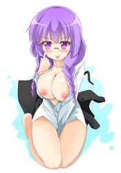 :> akanbe alternate_hairstyle barefoot bespectacled between_legs braid breasts collarbone collared_shirt dress_shirt female full_body glasses hand_between_legs kneeling large_breasts long_hair long_sleeves looking_at_viewer nipples nishikawa_youko open_clothes open_shirt purple_hair red-framed_eyewear sansha_san'you semi-rimless_eyewear shirt solo teliga tongue tongue_out twin_braids under-rim_eyewear v-shaped_eyebrows white_background white_shirt wing_collar