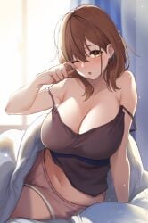 1girls :o absurd_res bare_shoulders big_breasts breasts brown_eyes brown_hair brown_shirt cleavage collarbone hi_res huge_breasts indoors long_hair looking_at_viewer lying midriff mole mole_under_eye navel open_mouth original pink_shorts rubbing_eyes shirt short_shorts shorts solo strap_slip tank_top udon_(udonalium) under_covers waking_up window