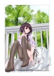 1girls 2d 2d_(artwork) ass black_hair breasts date_a_live eedol feet feet_fetish feet_focus feline heterochromia light-skinned_female long_hair red_eyes sitting_on_floor socks solo solo_female thighs tokisaki_kurumi translucent_clothing tree variant_set