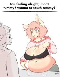 bbw belly big_belly big_breasts boobs?_wanna_touch_boobs? breasts capri chubby cleavage doxxyl english_text female furry hoodie huge_breasts light_pink_hair meme meme_caption muffin_top pink_clothing pink_hair pink_hoodie text thick_thighs wide_hips