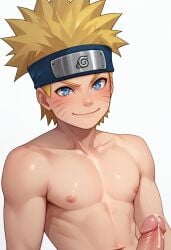 1boy abdomen ai_generated alone angle at balls big cock cum erection eyes face hair holds huge legs looking low male male_only naked naruto naruto_shippuden nude nudity penis semen shy sitting spiky uncensored view viewer