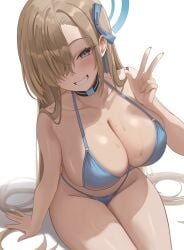 1girls 2d 2d_(artwork) asuna_(blue_archive) bangs big_breasts bikini blonde_female blonde_hair blue_archive blue_bikini blue_eyes blue_ribbon blush breasts choker cleavage eyes_half_open eyes_visible_through_hair grin grinning grinning_at_viewer hair_covering_eye hair_over_one_eye highres huge_breasts looking_at_viewer mole mole_on_breast nail_polish nails pink_nail_polish pink_nails pose posing rianya ribbon shiny shiny_skin simple_background sitting smile smiling smiling_at_viewer solo solo_female solo_focus sweating thick_thighs thighs thighs_together video_game video_games wet