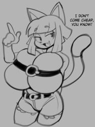 angstrom anthro belt belt_bra cat_ears catgirl feline huge_breasts hyper_breasts monochrome shorts