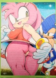 1boy 1girls amy_rose anus ass hotred pussy rockthebull sonic_(series) sonic_the_hedgehog traditional_media_(artwork)