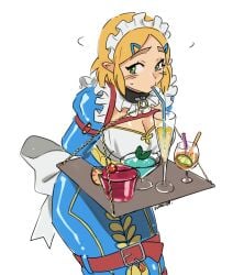 blonde_hair bondage bound collar drinking eudetenis female female_only femsub maid maid_headdress maid_outfit maid_uniform princess_zelda tears_of_the_kingdom the_legend_of_zelda tray zelda_(tears_of_the_kingdom)