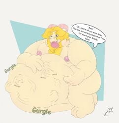 after_vore anthro asgore_dreemurr belly blonde_hair body_hair boss_monster_(undertale) bovid caprine digestion english_text fur goat group hair hi_res jon_noj long_ears male male/male mammal smile text tongue trio undertale undertale_(series) vore white_body white_fur