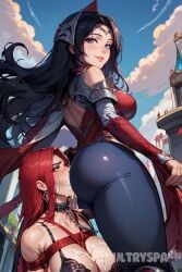 1futa 1girls ai_generated black_hair female futanari futarush irelia_xan katarina_du_couteau league_of_legends red_hair ryona sultryspark