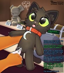 absurd_res ande_(hima_nsfw) anthro black_body black_eyes black_fur book canid canine cash_register collar dialogue domestic_cat felid feline felis fox fur green_sclera happy_(lobotodoc) hi_res hima_nsfw hybrid inanimate_transformation lynx male mammal moon open_mouth pink_nose plushie plushification red_collar sculpture shaking solo statue struggling thought_bubble transformation treasure_chest